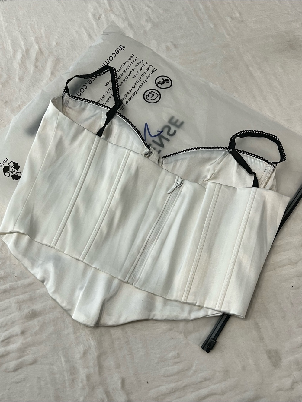 COMMENSE White XS Satin Bustier Crop Top with Black Trim - Picture 4 of 5